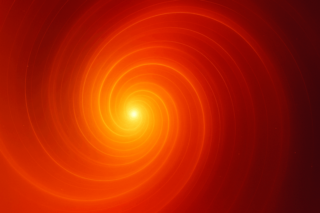 Espiral concéntrica de líneas naranjas y rojas que emana de un núcleo brillante amarillo, difuminándose hacia los bordes y acompañada de sutiles partículas de luz para dar profundidad.