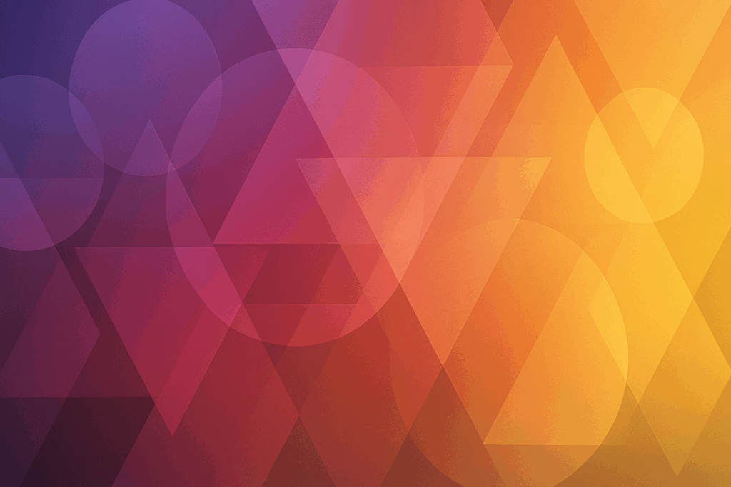 Composición de formas geométricas (círculos, triángulos, polígonos) translúcidas superpuestas en un degradado de púrpura, magenta y amarillo, creando múltiples capas y profundidad