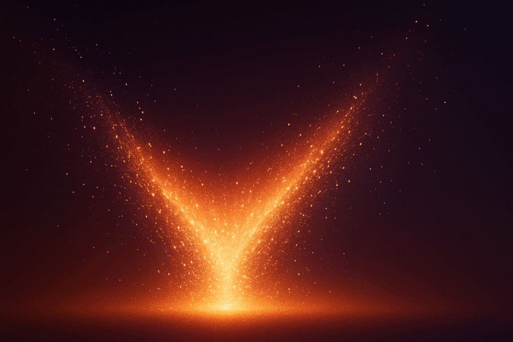 Estallido de partículas doradas y naranjas en forma de V invertida que surge desde la parte inferior, con motas luminosas dispersándose hacia arriba, sobre un fondo oscuro para resaltar la energía
